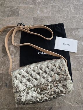 CHANEL Gold Sequined Quilted Flap Bag
